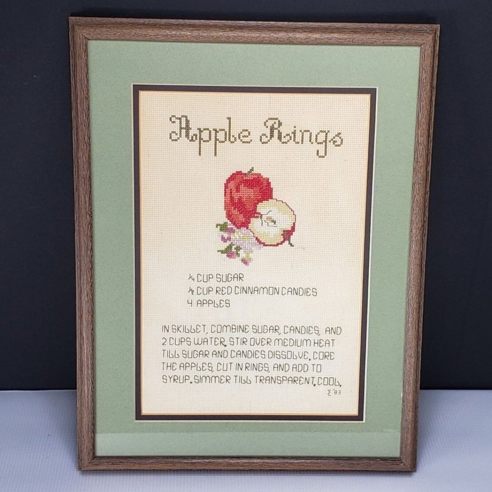 Needlepoint Recipe Apple Rings Framed Wall Art Vintage